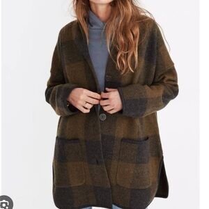 Madewell Olive and Charcoal Plaid Wool-Blend Cardigan Coat